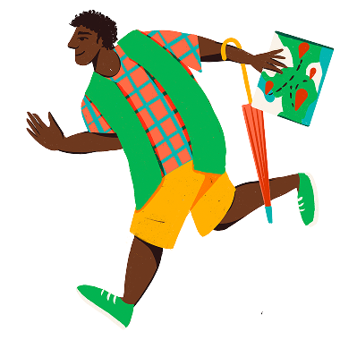 Ilustração de pessoa caminhando com um mapa e guarda-chuva, simbolizando ação e cuidado ambiental