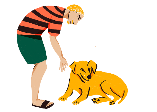 Ilustração de pessoa agachada fazendo carinho em um cachorro, simbolizando cuidado e proximidade comunitária"