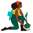 Ilustração de uma mulher cuidando de uma planta, representando ações de proteção