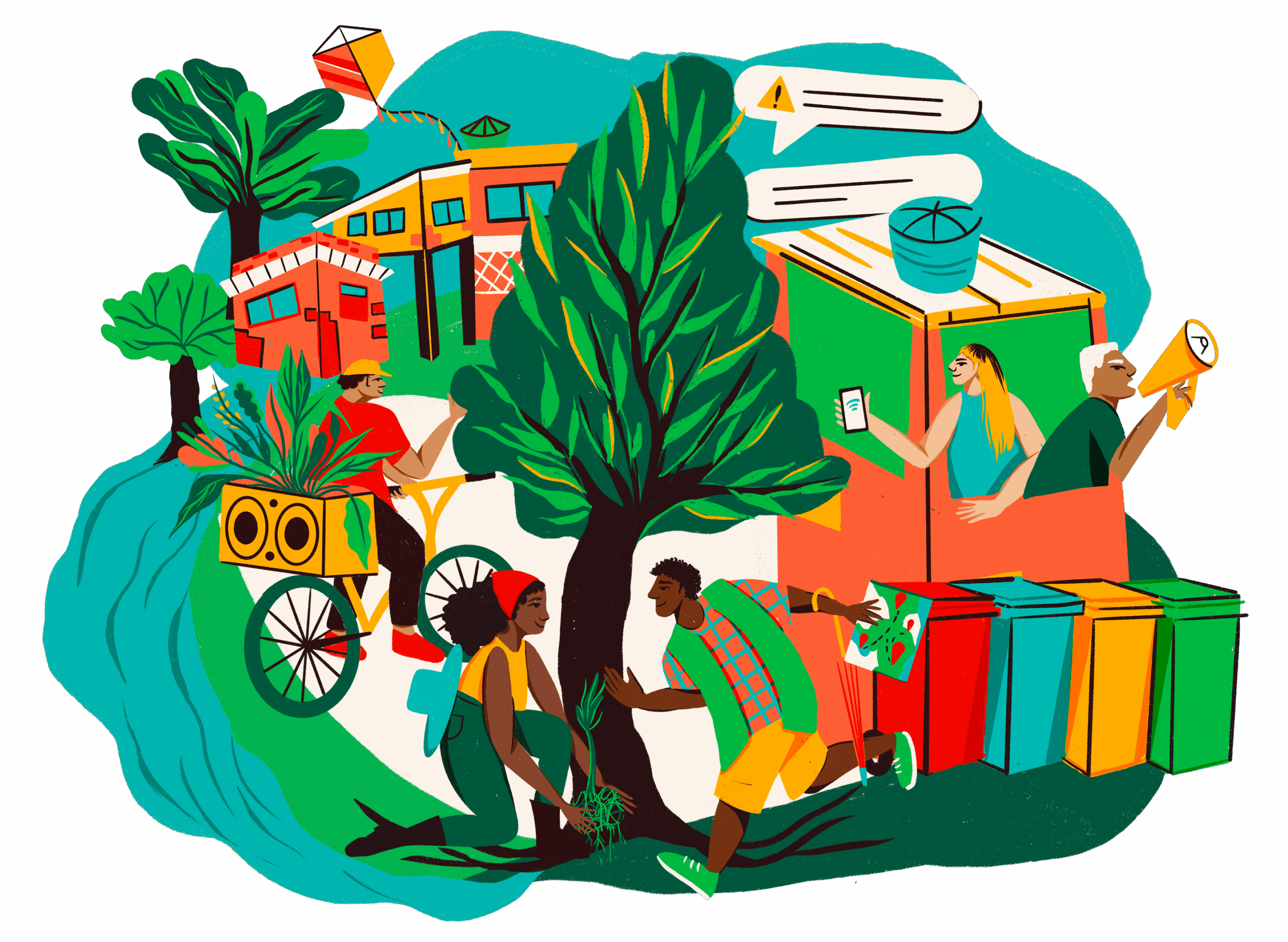 Ilustração de moradores do Jacarezinho em ações comunitárias e ambientais