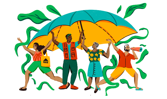 Ilustração de quatro pessoas protegendo-se juntas sob um grande guarda-chuva amarelo e azul, simbolizando união e proteção