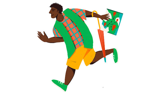 Ilustração de pessoa caminhando com um mapa e guarda-chuva, simbolizando ação e cuidado ambiental