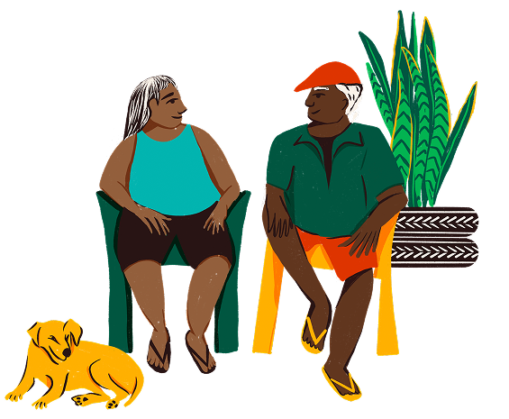 ilustração de pessoas sentadas com cachorro caramelo
