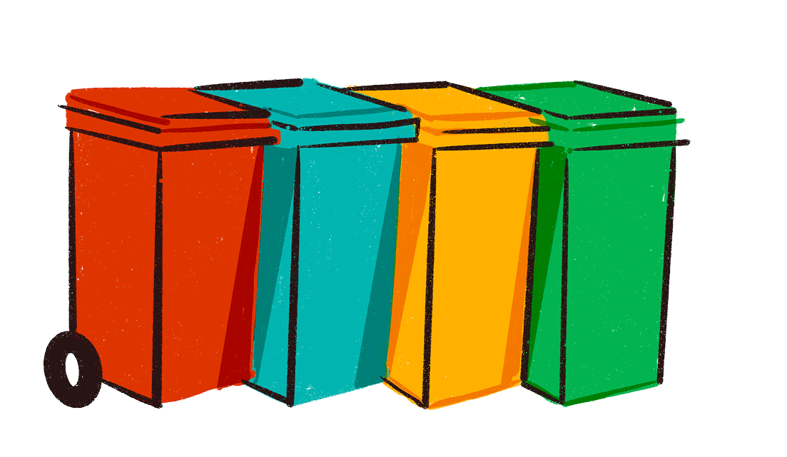 Ilustração de quatro lixeiras coloridas lado a lado, representando a separação de resíduos