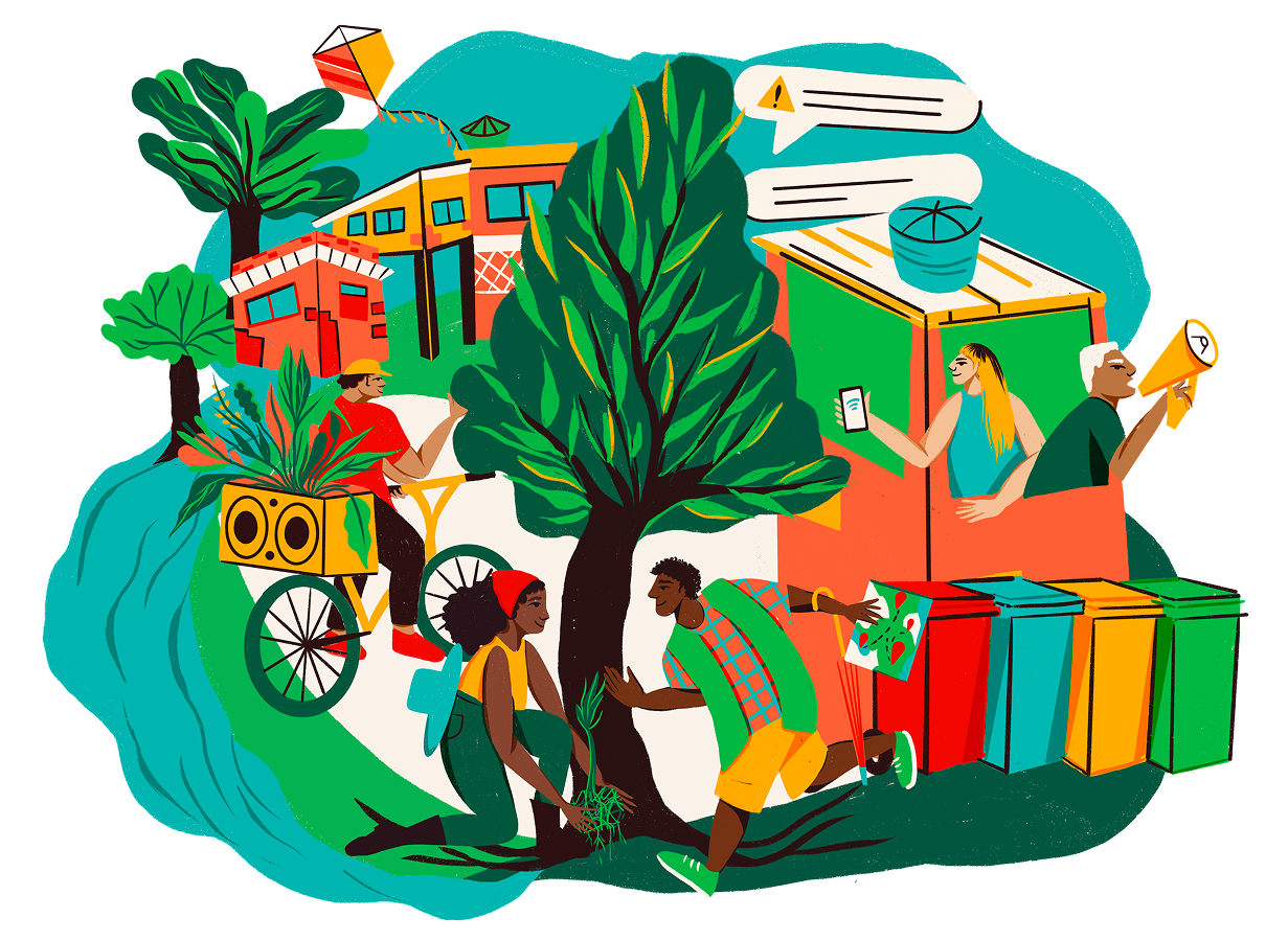 Ilustração de pessoas e casas coloridas com uma grande árvore, simbolizando cuidado e sustentabilidade comunitária